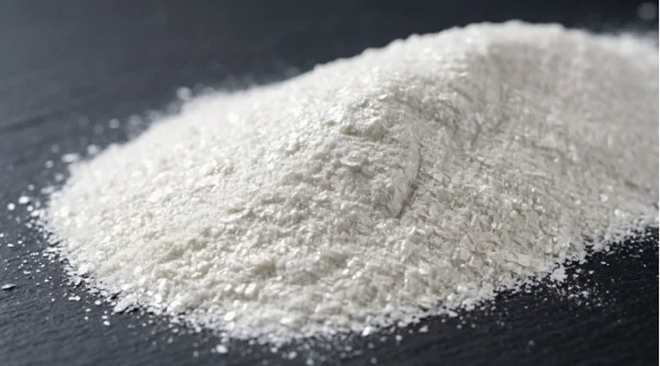 A close-up of high-grade white mica powder with an elegant pearl shimmer.