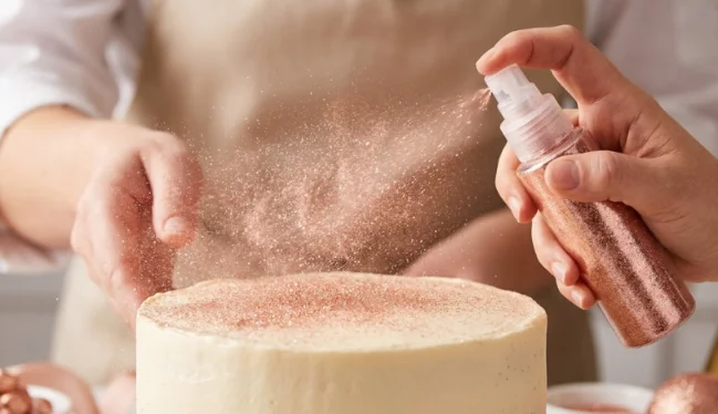 A hand uses a rose gold pump spray to apply fine edible shimmer to a cake.