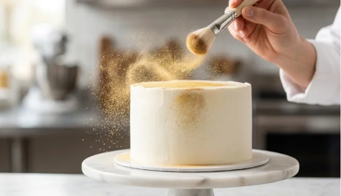 A hand uses a soft brush to apply sparkling gold luster dust to a white cake.