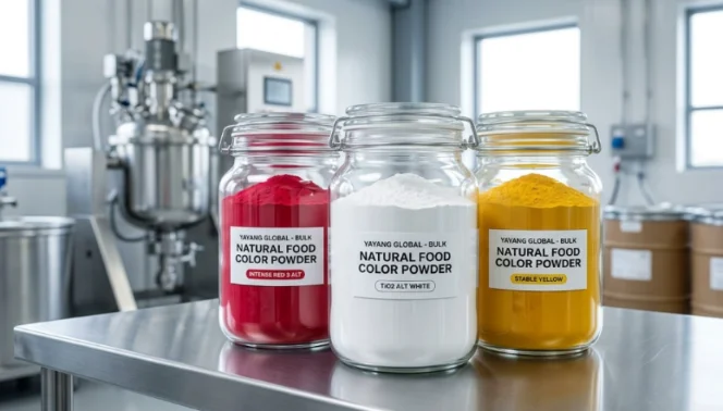 Bulk natural food coloring powders in jars.