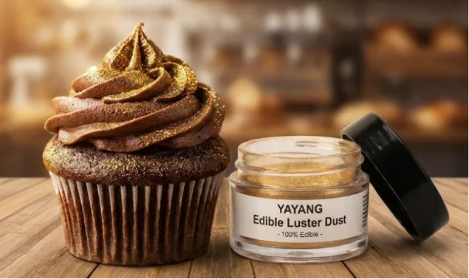 Chocolate cupcake decorated with YAYANG gold edible luster dust and jar.