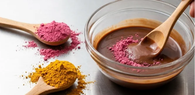 Dissolving pink food coloring powder in melted cocoa butter.