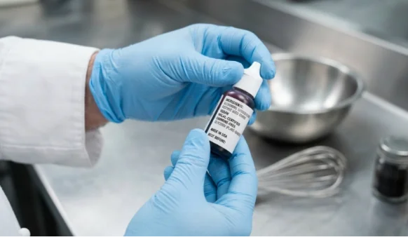 Gloved hand holding a small bottle of black gel food coloring and checking the label.
