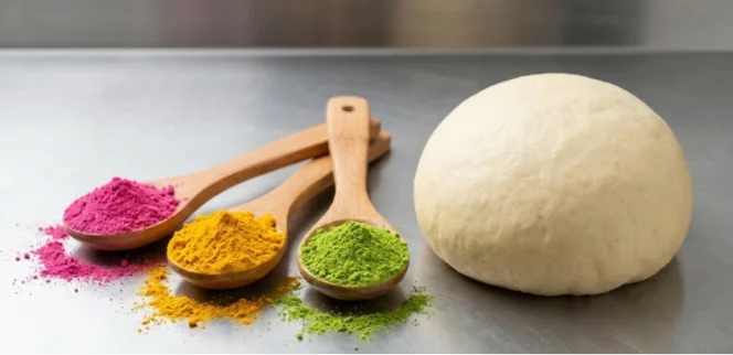 Natural food coloring powder scoops next to baking dough.