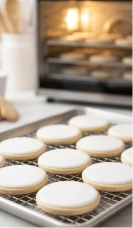 Royal icing cookies drying near a food dehydrator.