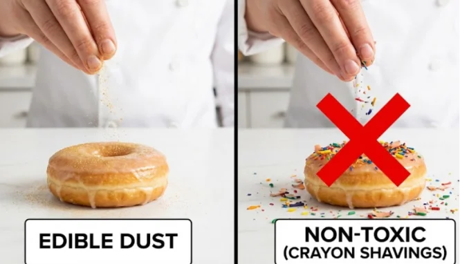 Split screen comparison of safe edible dust versus unsafe non-toxic glitter on donuts.