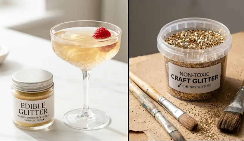 A side-by-side comparison of edible glitter in a cocktail and non-toxic craft glitter for art projects.