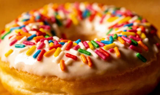 Close-up of a donut with white icing and colorful sprinkles.