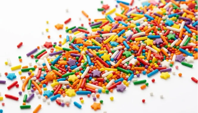 Colorful mixed sprinkles scattered on a white background.