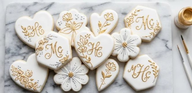 Detailed custom sugar cookies on a marble board.