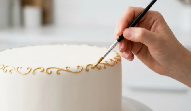 Hand-painting a white cake with metallic gold.