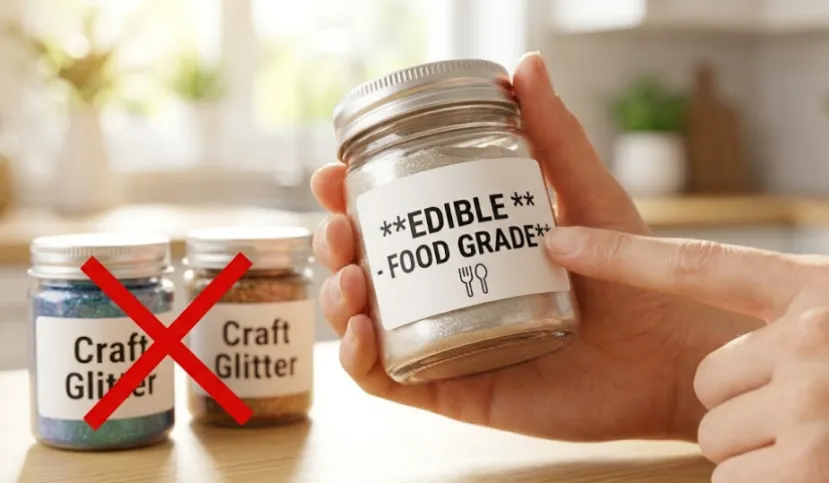 Hand pointing to EDIBLE - FOOD GRADE label on a glitter jar.