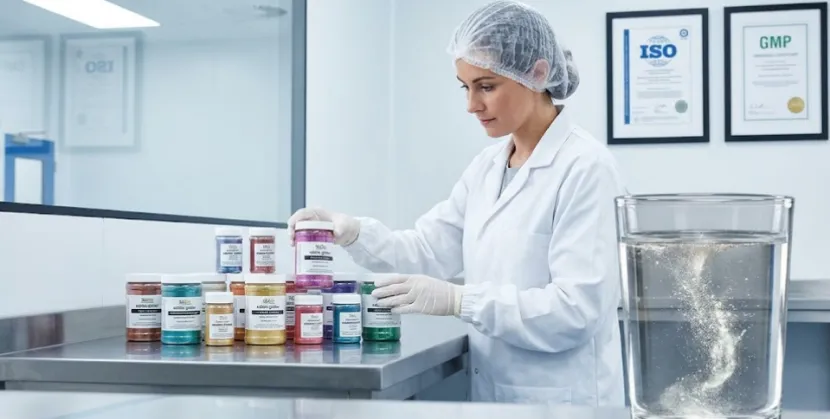 Scientist with jars of shimmering pigments.