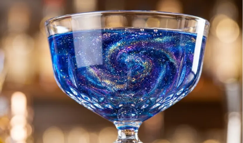 Swirling iridescent glitter in a blue drink.