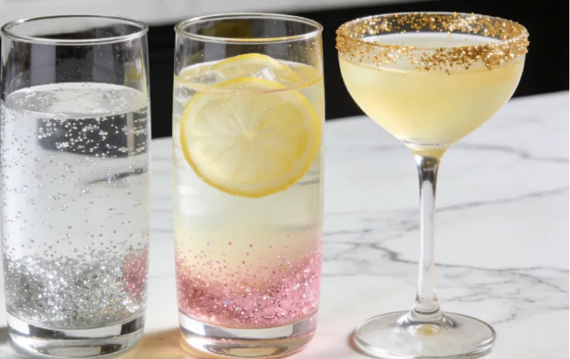 Three drinks featuring silver, pink, and gold edible glitter.
