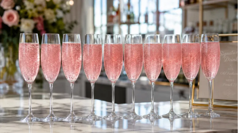 A row of champagne flutes filled with pink sparkling glitter drinks