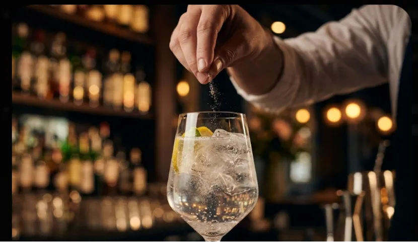 Bartender adding a pinch of edible glitter to an iced drink