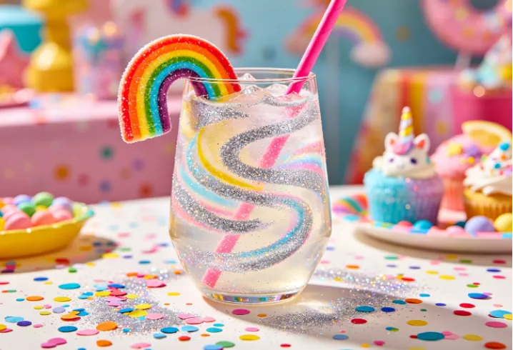 Colorful glitter mocktail with rainbow candy