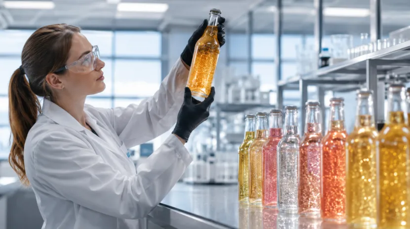 Food scientist testing suspension effect of edible glitter in clear beverage bottles