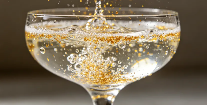 Gold edible glitter swirling in a clear sparkling drink