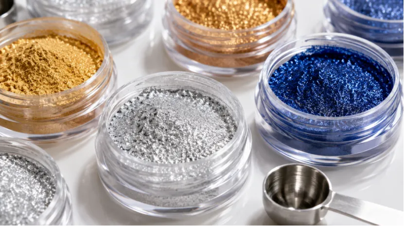 Jars of fine food-grade edible glitter powder in gold, silver, and blue