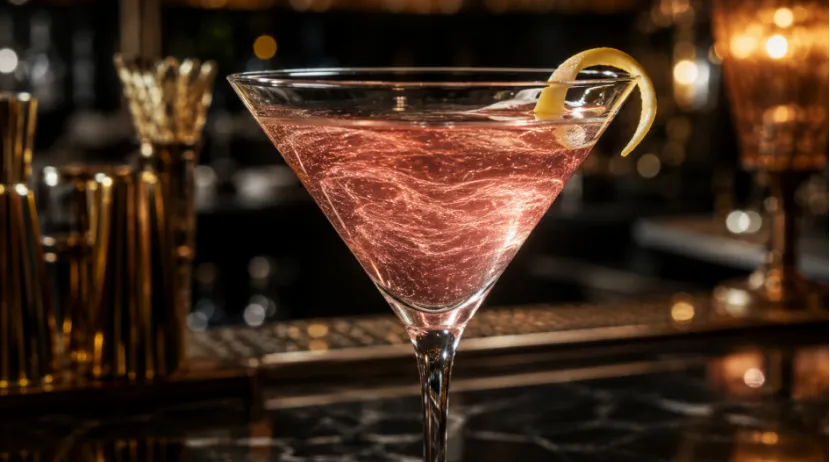 Pink martini cocktail with shimmering rose gold edible glitter
