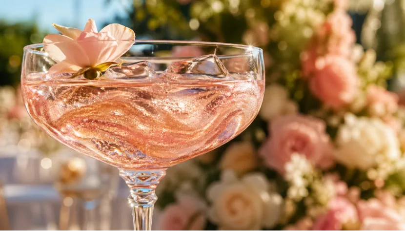 Rose gold drink glitter in a pink wedding champagne cocktail