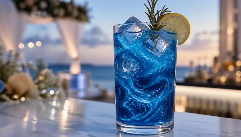 Sky blue edible glitter swirling in a beach wedding cocktail