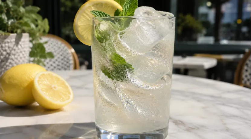 Sparkling iced lemonade mocktail with silver edible glitter