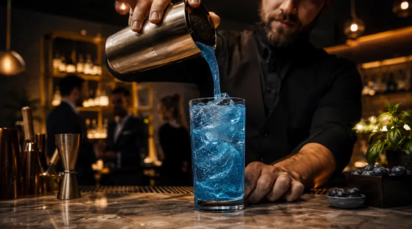 A bartender pouring a vibrant blue shimmer drink with ice at a bar