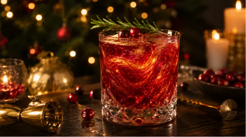 A festive red cocktail with swirling gold edible glitter, garnished with rosemary and cranberries in front of a Christmas tree