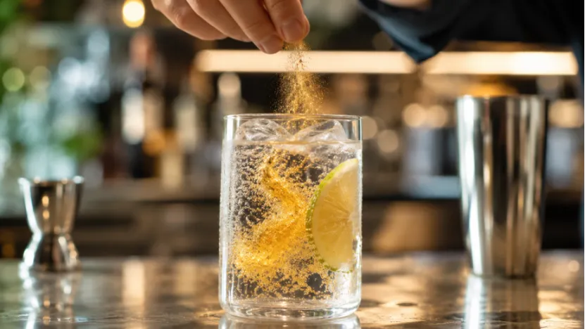 A hand sprinkling gold edible glitter into a glass of fizzy water with lime
