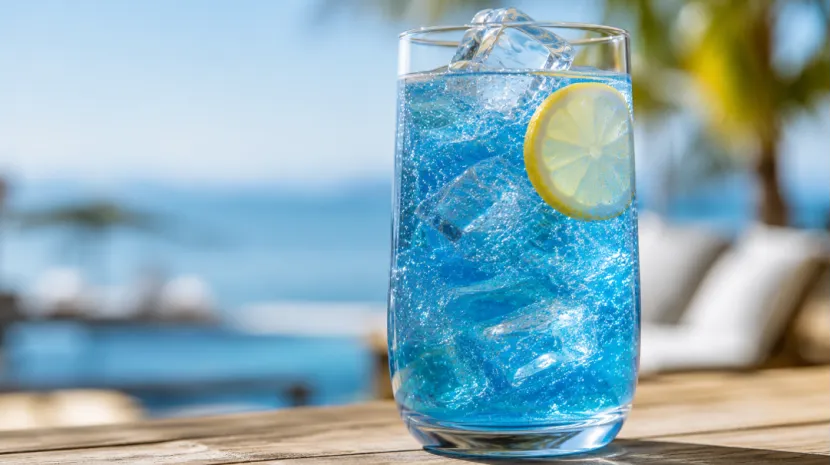 A refreshing blue sparkling drink with ice and a lemon slice against a sunny beach background