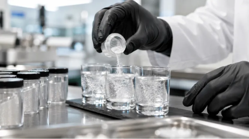 Gloved hands pouring silver edible glitter into small glasses of sparkling water for quality testing