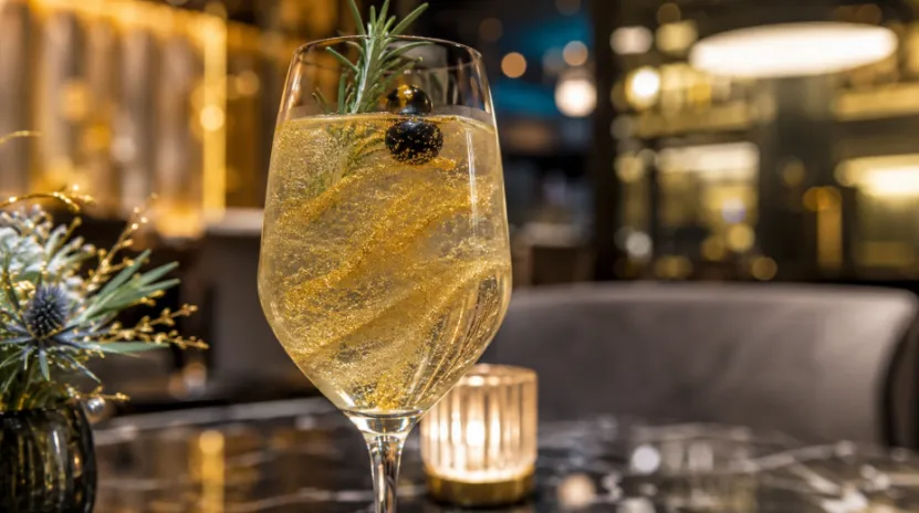 Gold edible glitter swirling in a premium sparkling mocktail glass