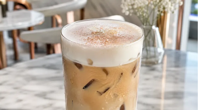 Iced coffee with cold foam dusted with rose gold edible glitter