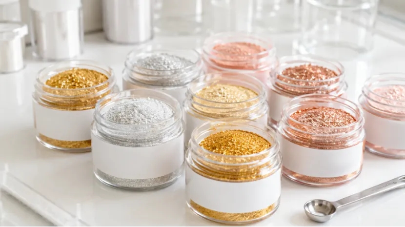 Jars of gold, silver, and rose gold edible glitter powder