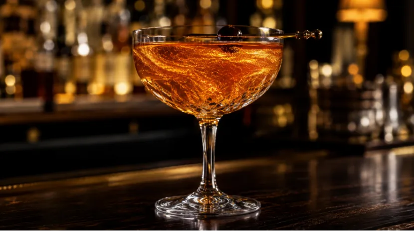 Amber cocktail swirling with gold edible glitter in a coupe glass on a dark wooden bar