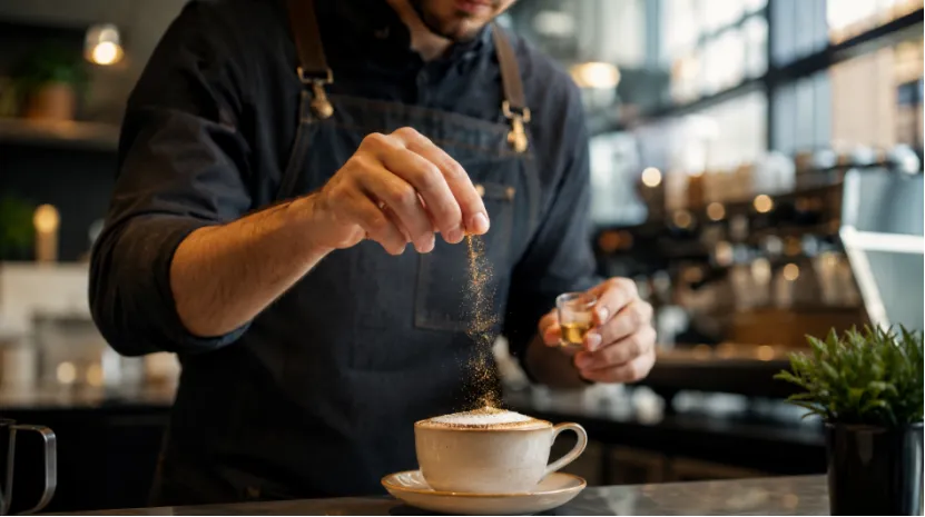 Barista in an apron carefully sprinkling gold edible glitter onto a cup of coffee