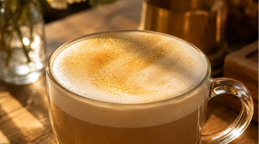 Close-up of a hot latte in a glass mug with golden edible glitter dusted on the milk foam
