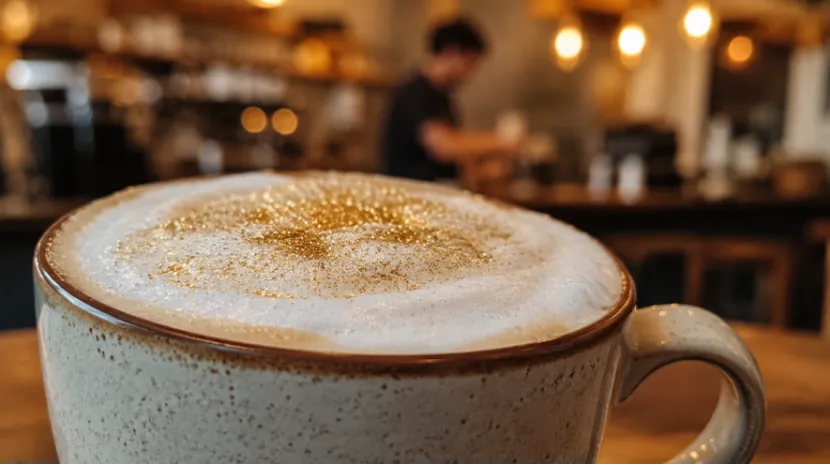 Close-up of a hot latte with gold edible glitter dusted on thick milk foam