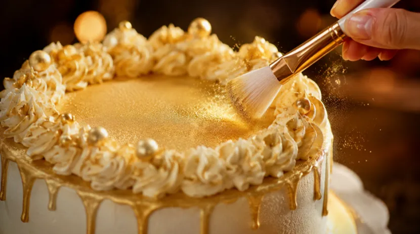 Hand brushing edible gold luster dust onto a decorated cake