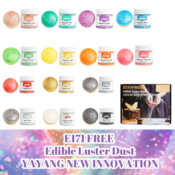 Product showcase for YAYANG brand's E171-free edible luster dust