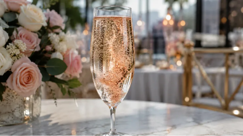 Sparkling rose gold beverage with swirling edible glitter on a marble table next to pink roses
