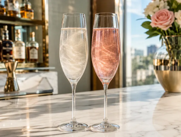 Two champagne flutes with swirling white and pink edible glitter drinks on a marble bar