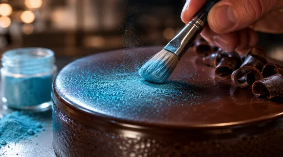Applying blue edible luster dust onto a chocolate cake with a brush