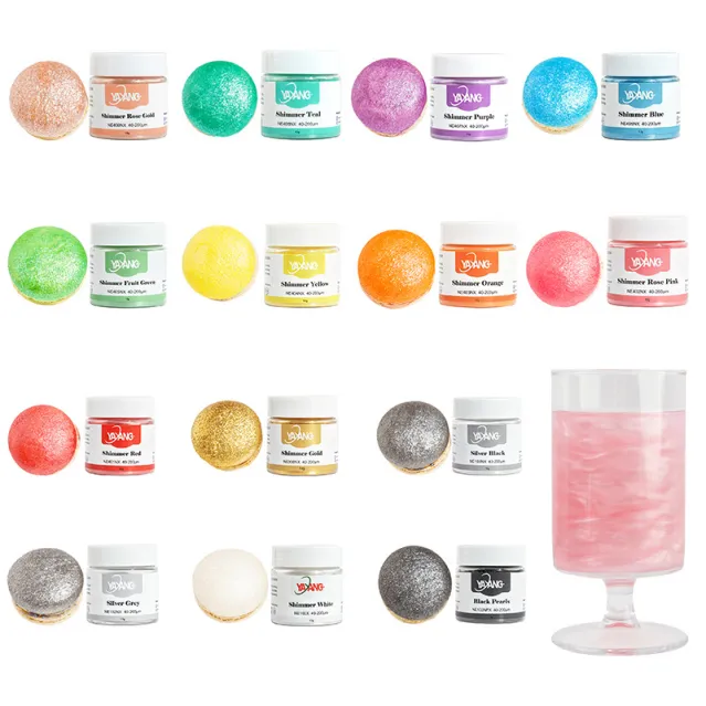 Assorted colors of YAYANG edible luster dust jars and a pink shimmer beverage