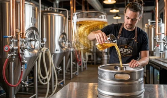 Brewer adding edible glitter slurry into a keg