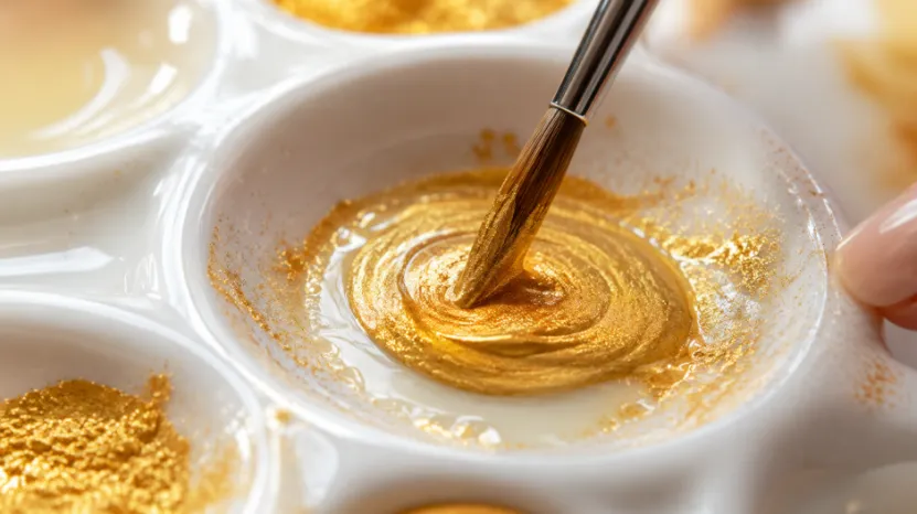 Paintbrush mixing smooth gold edible paint in a white ceramic palette