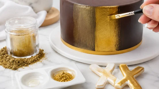 Painting edible gold luster dust paint on a chocolate cake with a brush